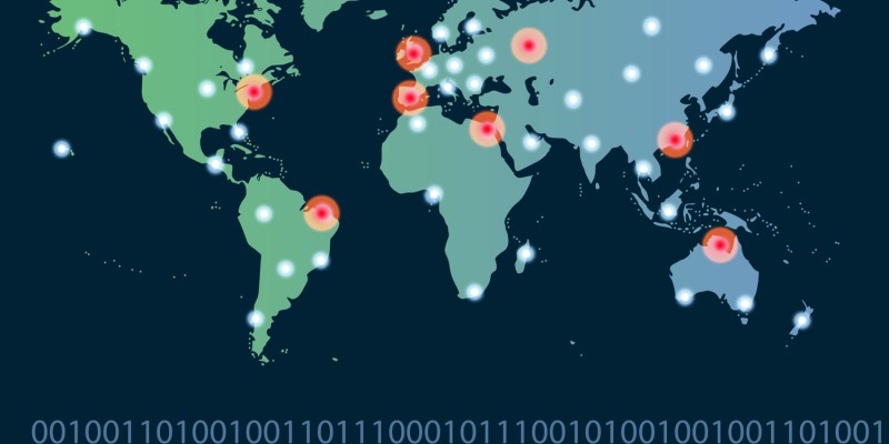 World map with hot points of connections network and servers loc